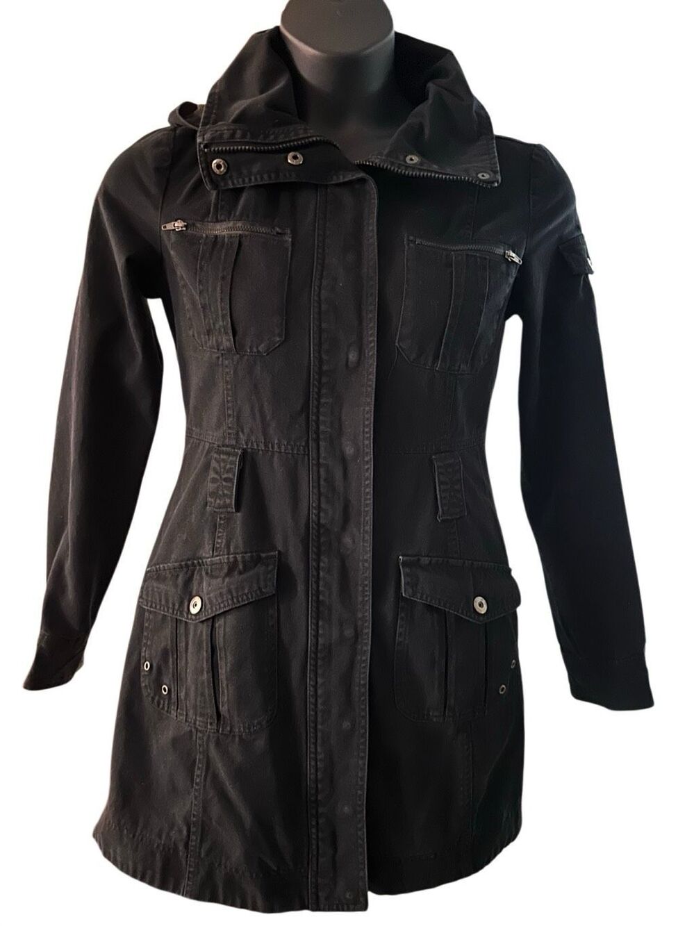 Anchor Blue Womens Black Long Sleeve Cotton Hooded Long Jacket Size Medium